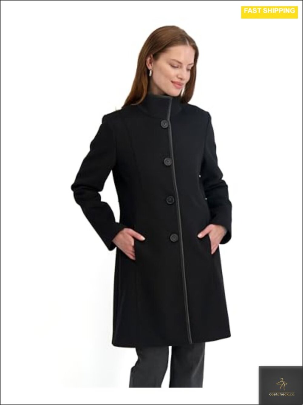 TAHARI Women's Slim Fit Soft Wool Blend Walker Coat with PU Trim, Button Front